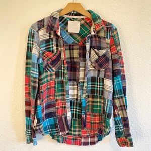 RARE Free People Lost In Plaid Rainbow Patchwork Button Down Crochet Flannel XS